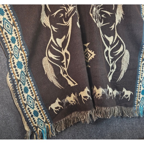 Southwestern Horse Hooded Poncho Blanket Shawl Fringe Cape Western Aztec Boho - Picture 4 of 16